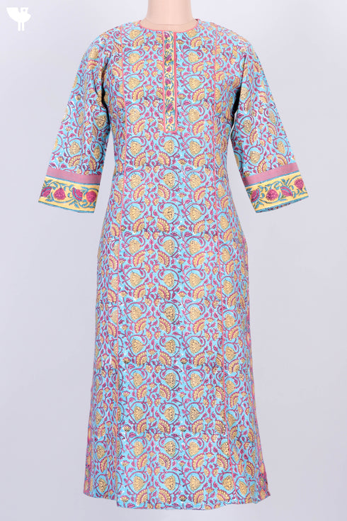 Cambric Cotton Kurta With Floral Block Print